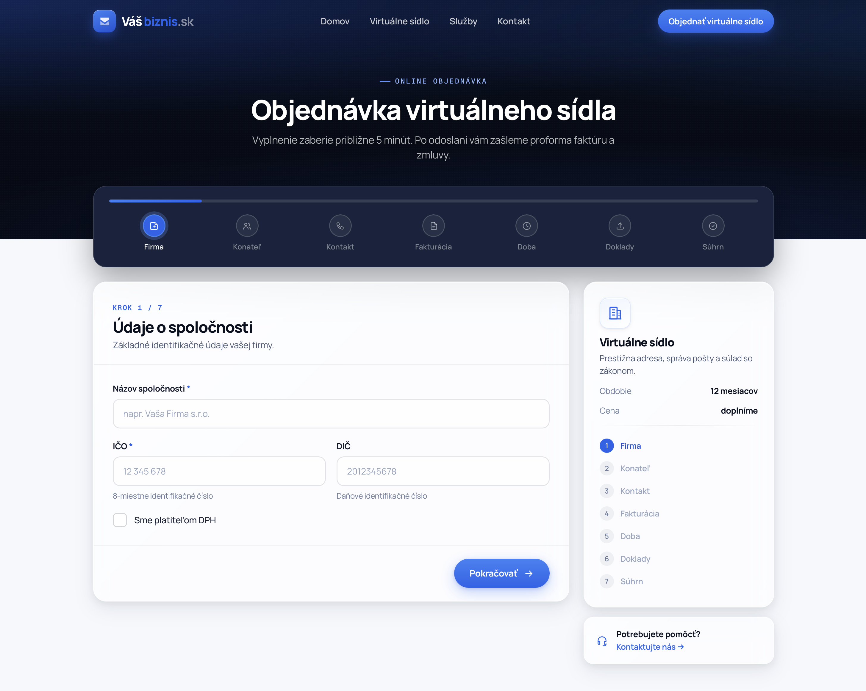 Náhľad krokového formulára pre objednávku virtuálneho sídla